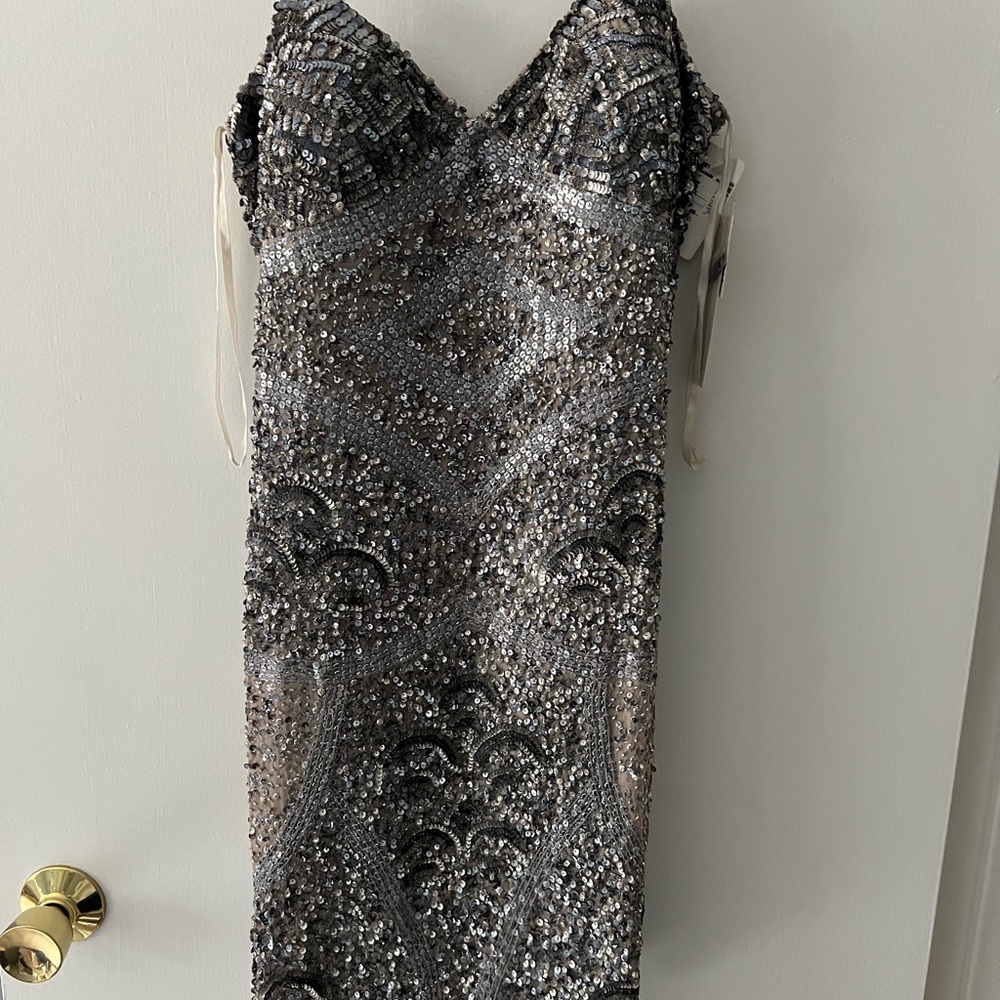 Aidan by Aidan Mattox Silver Sequin Prom Dress